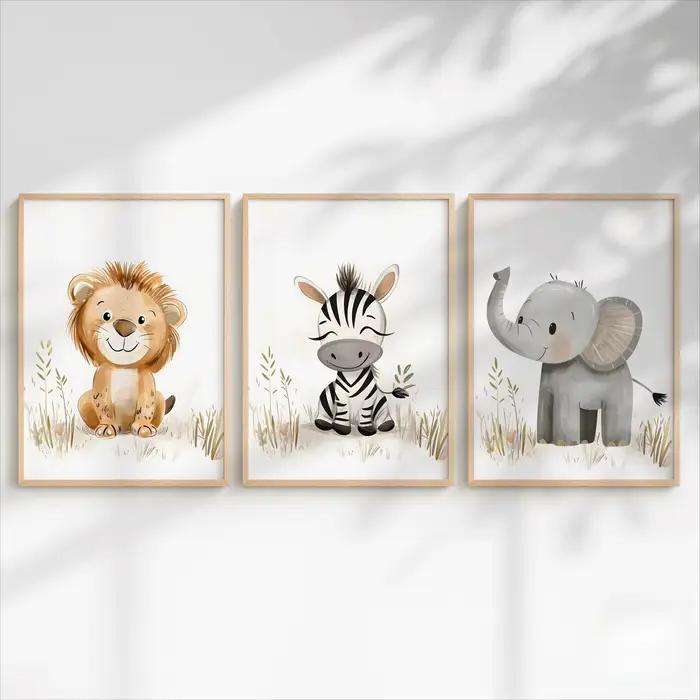 Lot de 1/3 tableaux muraux imprimés sur toile, motifs animaux mignons (lions, zèbres et éléphants), style safari nordique, idéal pour la décoration intérieure moderne