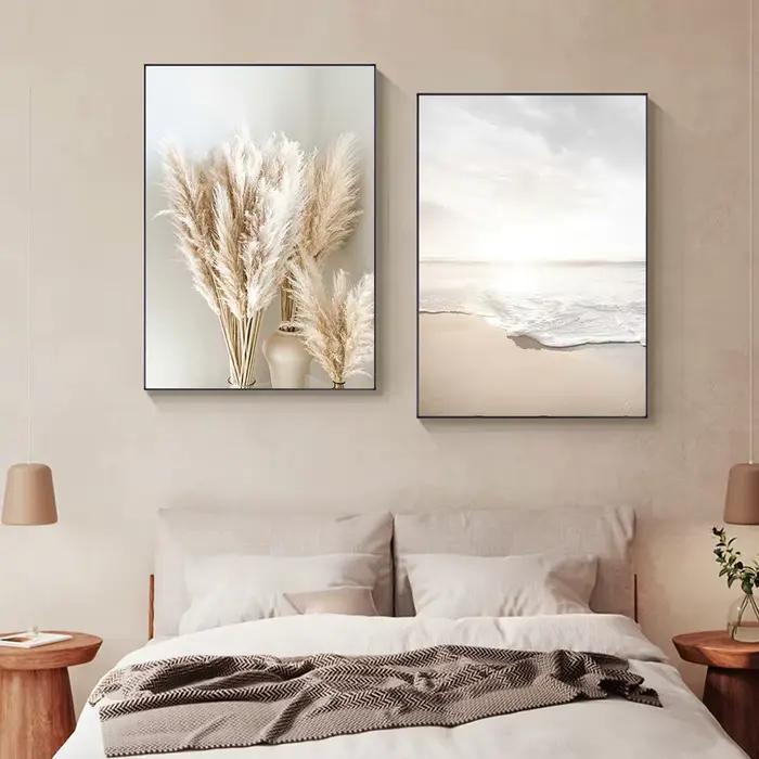 3 pièces lever du soleil plage vague de mer Beige paysage impressions sur toile parfait