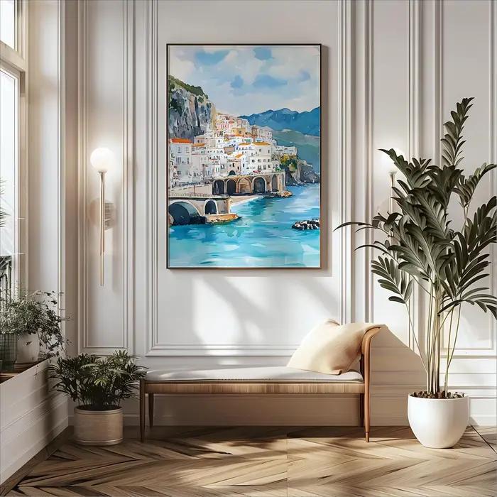 Aquarelle Amalfi Coast Italie Art Print, décoration murale de paysage côtier brillant, illustration de ville de bord de mer italienne, T méditerranéen