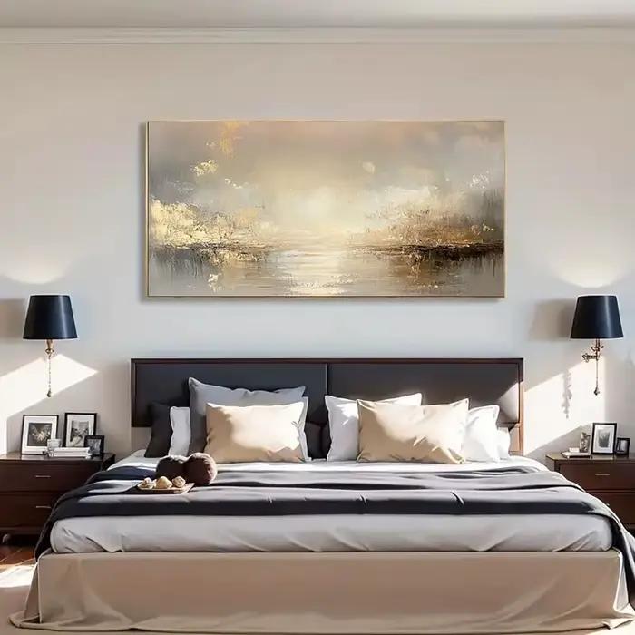 Grande peinture à l'huile texturée abstraite beige et dorée – Art mural sans cadre pour salon