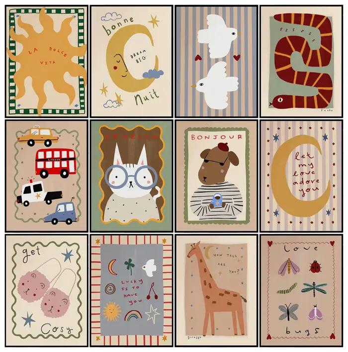 Bohème soleil lune Animal dessin animé Illustration affiche imprime toile peinture mur Art photo salon maternelle