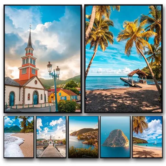 Peinture Diamant Paysage Fantastique Île Martinique Plage Océan Ciel Bleu Moderne Affiche Décoration Murale Maison Chambre
