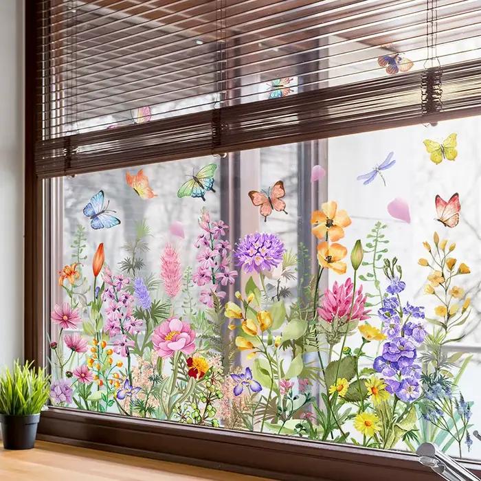 Autocollant mural électrostatique coloré papillon fleur stickers muraux décoration de la maison fenêtre verre autocollants INS bricolage chambre décor