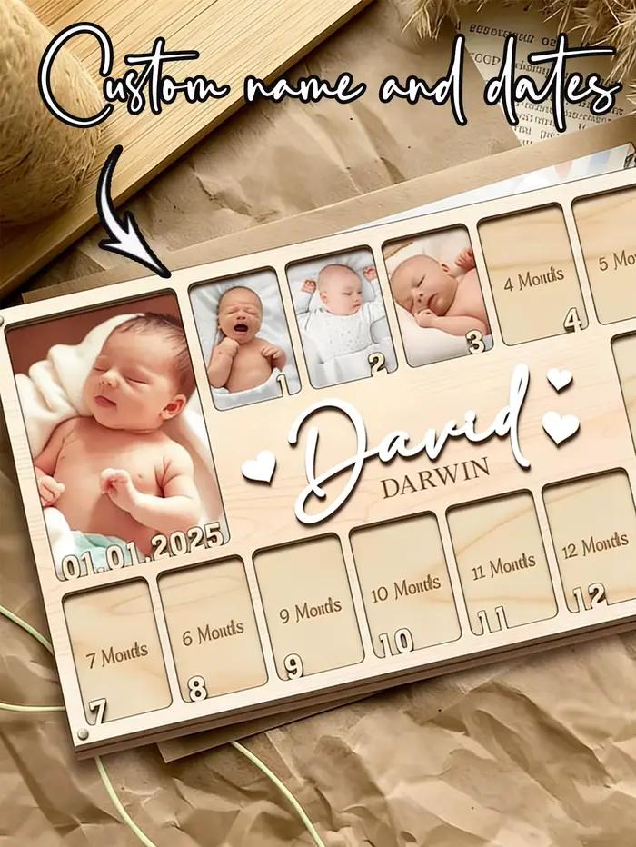 Cadre photo en bois personnalisé pour bébé, avec nom et date, plaque de photos mensuelle pour les étapes importantes, souvenir de la maternité pour nouveau-né