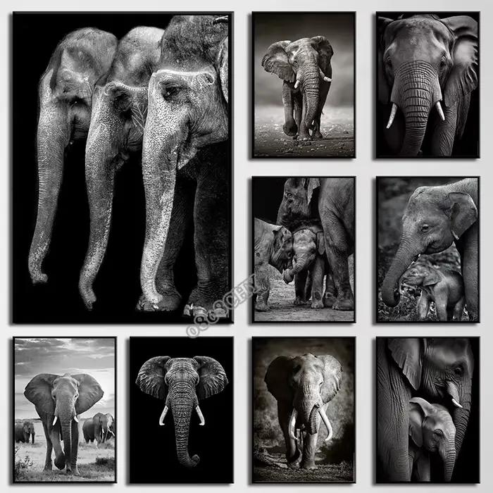 Peinture sur toile d'éléphants d'animaux noirs et blancs