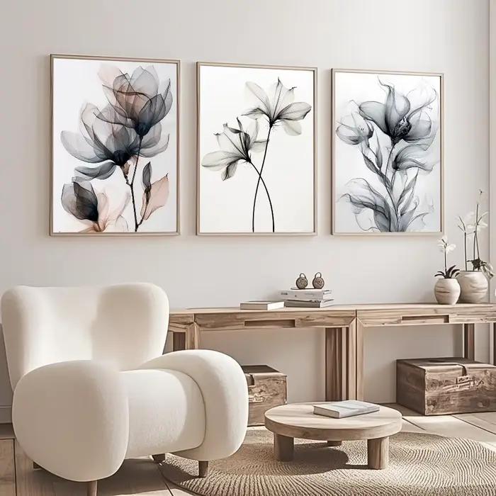 Peinture sur toile de fleurs à l'encre noire et blanche
