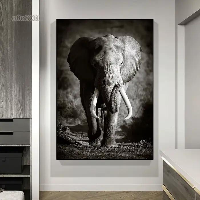 Peinture sur toile d'éléphants d'animaux noirs et blancs