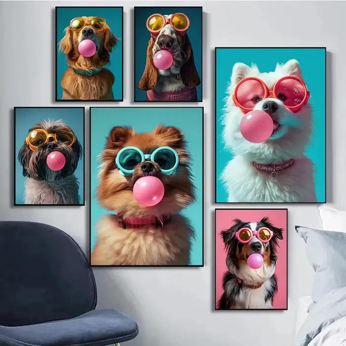 Animaux imprimés drôles chien coloré Bubblegum lunettes de soleil affiche Samoyède bouledogue français toile peinture mur Art photo décor à la maison