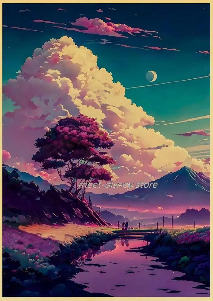Affiche de paysage de crépuscule de forêt de bord de mer