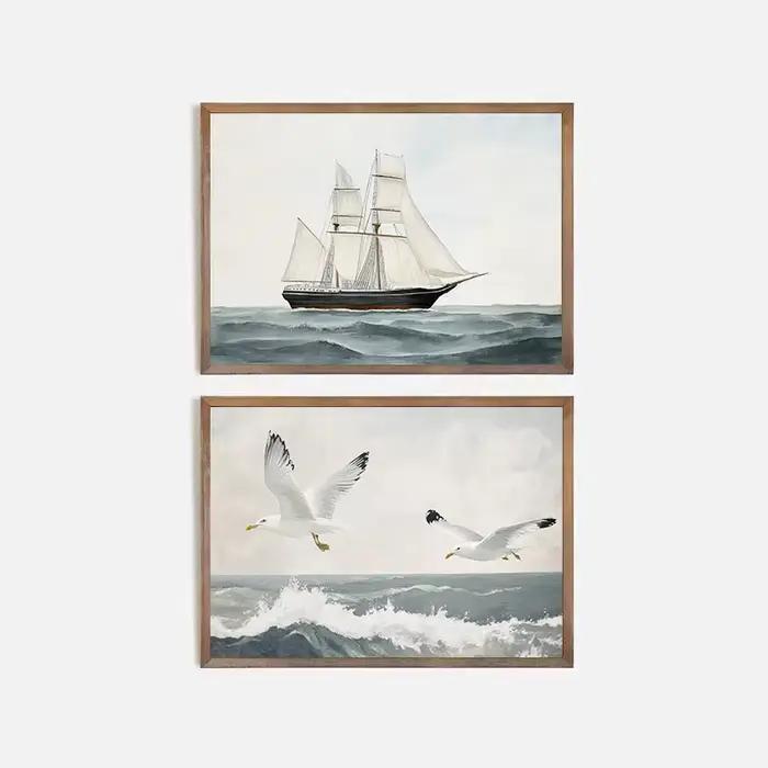 Affiche de paysage marin de mouette d'ancre de phare côtier nautique d'aquarelle