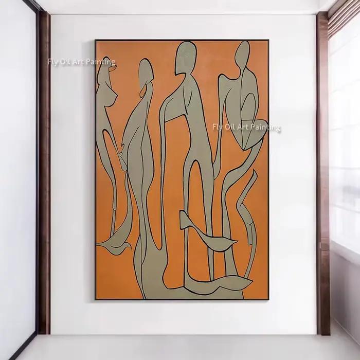 Peinture à l'huile de personnes abstraites Orange et grises faite à la main