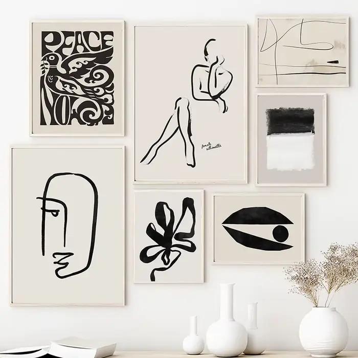 Affiche d'art minimaliste abstraite avec lignes, figures, visages et feuilles, impression cubiste, décoration murale de galerie, style exposition moderne, toile pour la maison