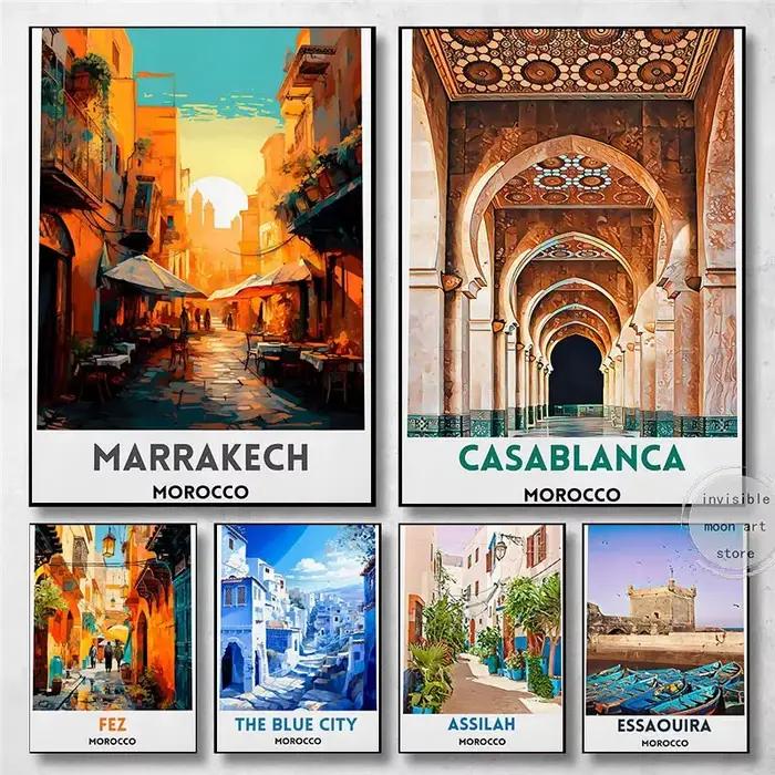 Affiche d'art de voyage marocain Casablanca Marrakesh Fes