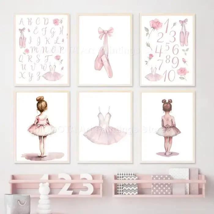 Ballerine Alphabet numéro chaussures robe couronne papillon pépinière mur Art toile peinture affiche et impression photos fille chambre décor