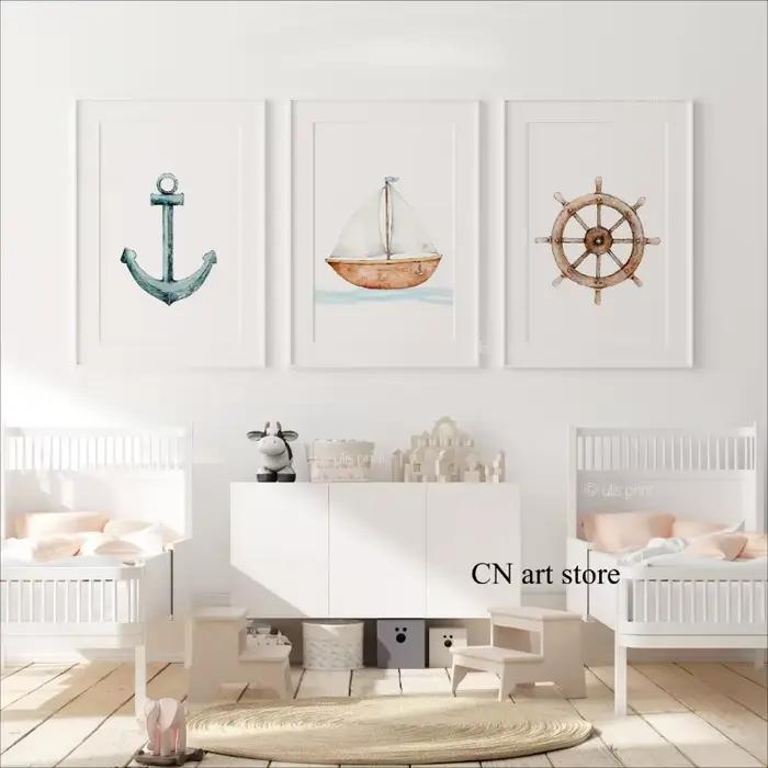 Affiche d'art de bateau nautique de Style dessin animé, ancre de chambre d'enfants, roue de bateau, peinture sur toile, imprimés muraux, image, décoration de maison pour salon