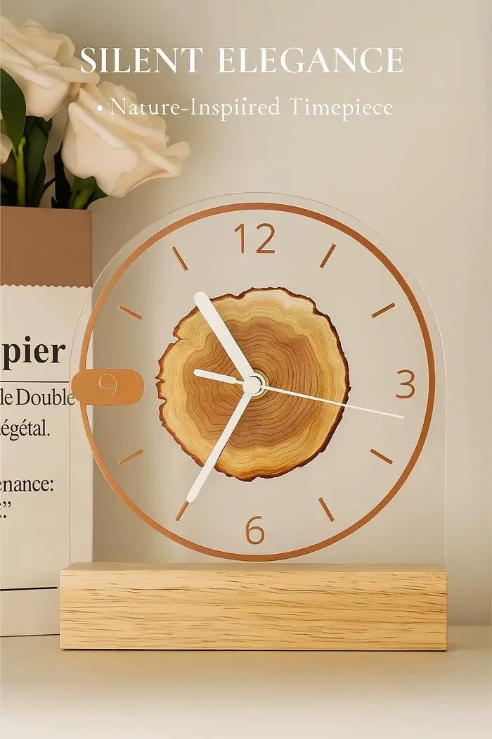 Horloge de bureau minimaliste en acrylique avec base en bois massif – Mouvement silencieux