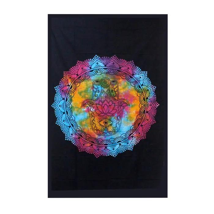 Single Cotton Bedspread + Wall Hanging - Black Hamsa 130cm x 200cm