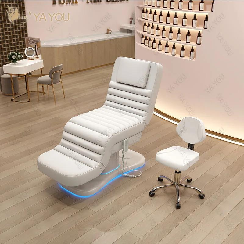 Table de massage électrique à 3 moteurs avec éclairage LED, chaise faciale noire côtelée, mobilier d