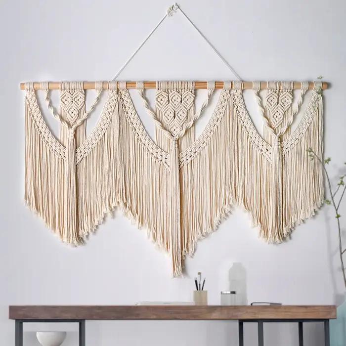 Grande tapisserie murale suspendue en macramé avec bâton en bois, rideau à pampilles bohème tissé à
