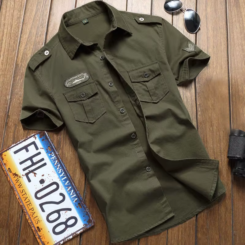 Chemise Militaire à Manches Courtes pour Homme, Vêtement d'Été, Couleur Unie, Haute Qualité, 100% Co