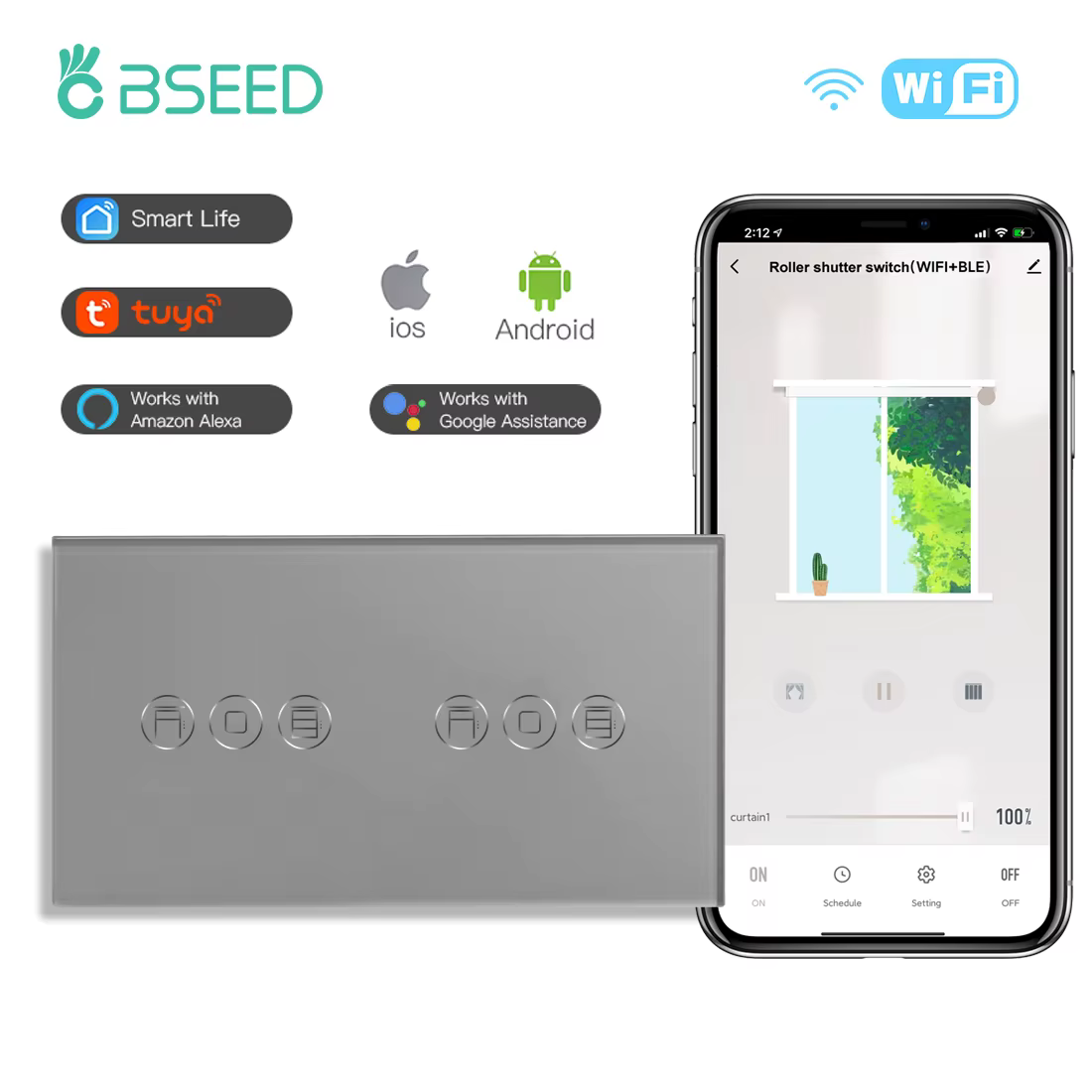 BSEED-Joli d'obturateur intelligent WiFi, double interrupteur ennemi sans fil, panneau tactile en cr