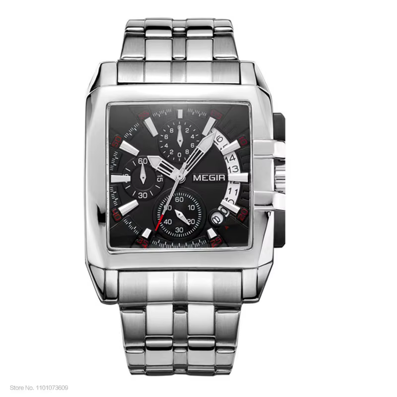 MEGIR montres noires complètes hommes montre à Quartz chronographe de luxe pour homme cadran carré m