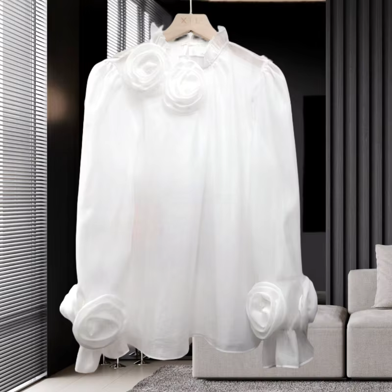 Chemisier Femme Style Français Printemps 2026 avec Fleurs en Relief et Patchwork Coloré, Blouse Unie