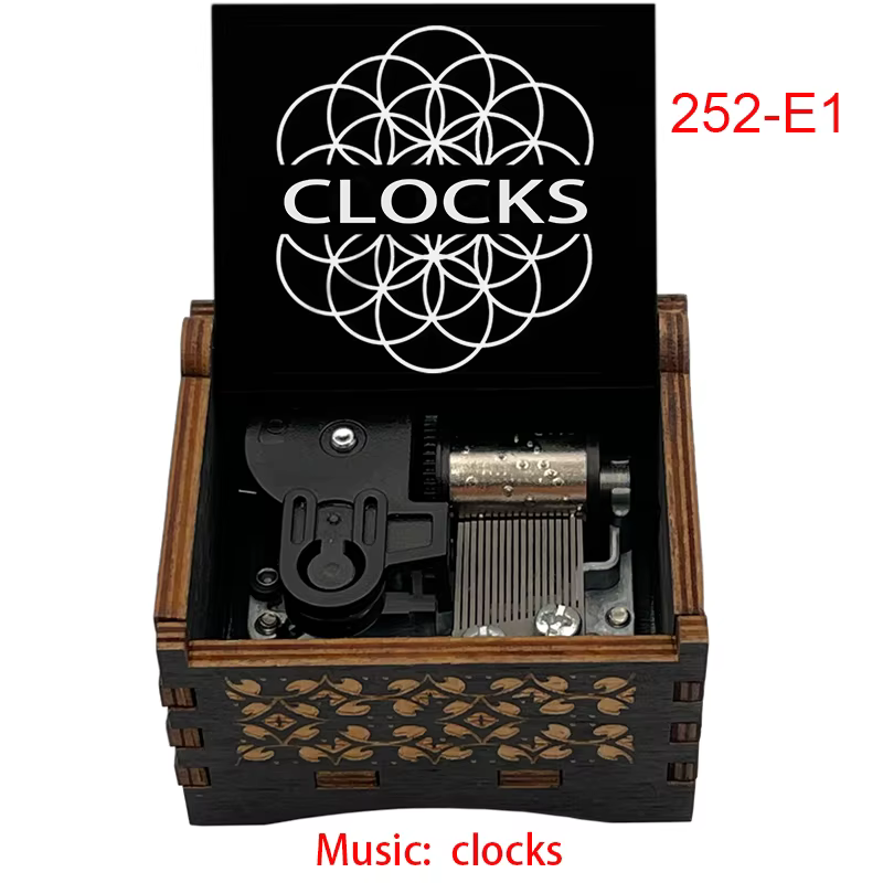 Boîte à musique en bois populaire avec horloge, gravée, à remonter, de style antique, inspirée de gr