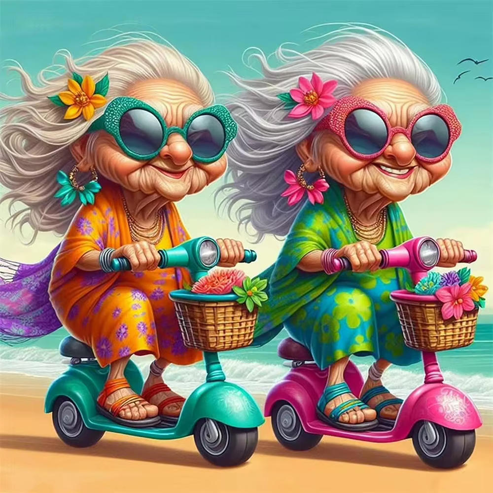 Peinture à l'huile par numéros, grand-mères amusantes en scooter sur toile, décoration murale pour s