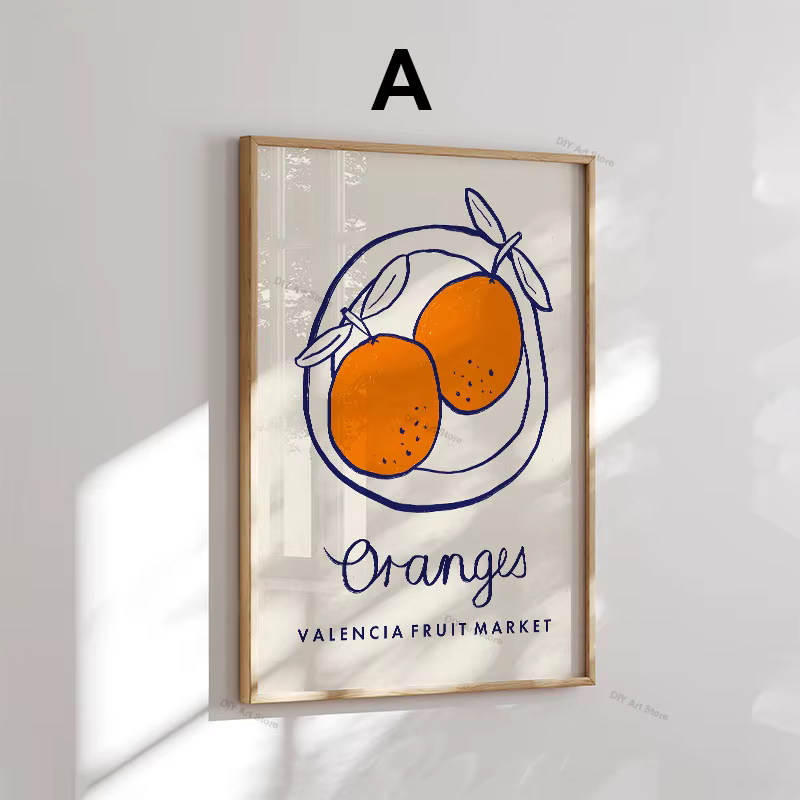 Affiche et impressions abstraites de fruits (citron, orange, pêche, tomate), peinture sur toile, déc