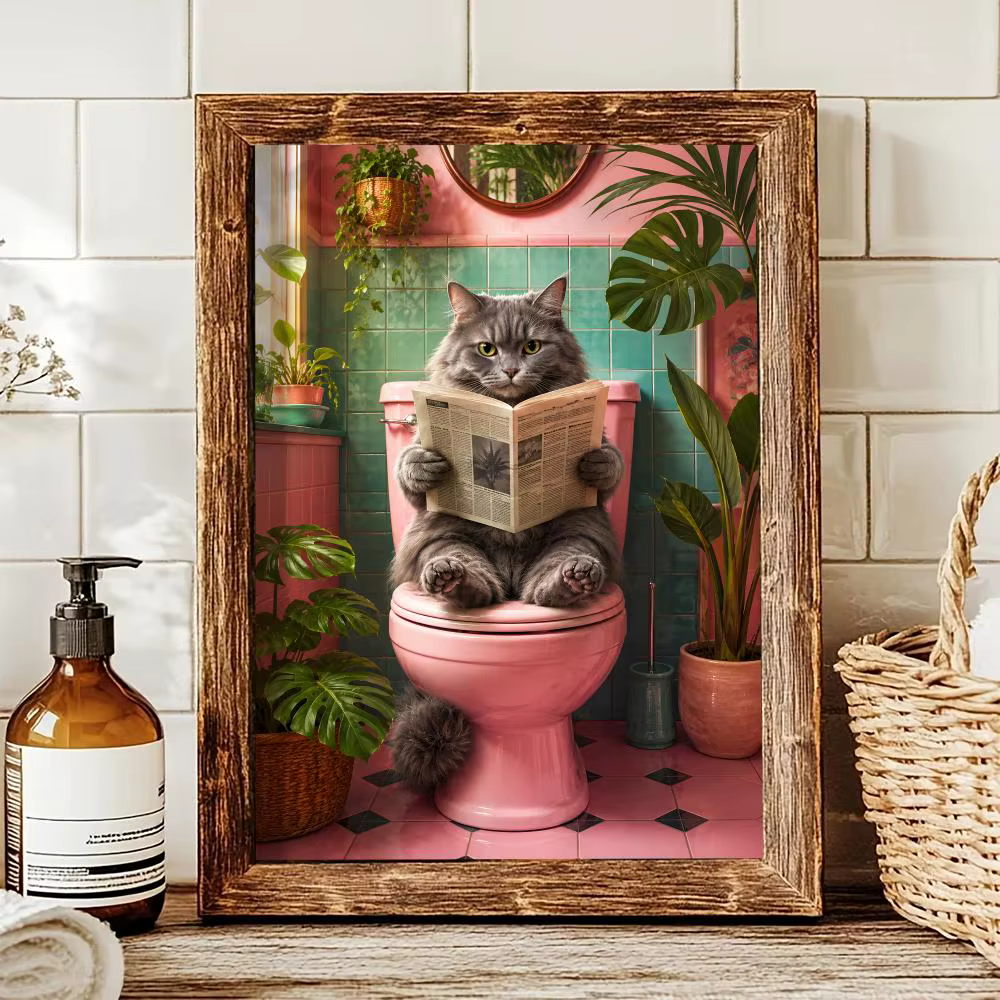 Tableau mural sur toile avec chat de salle de bain lisant sur les toilettes, calligraphie, pour déco