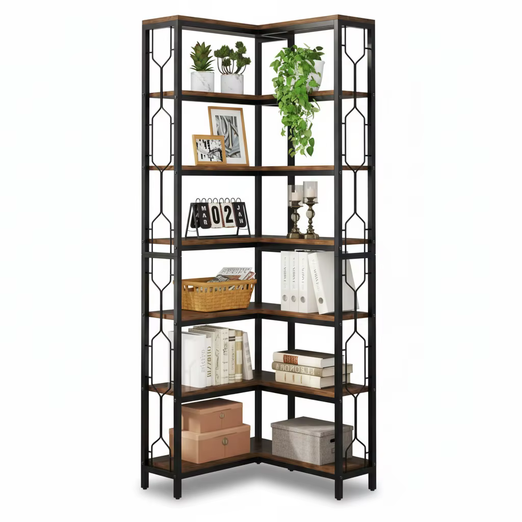 Étagère d'angle moderne, 78,74 pouces de hauteur, en bois, 7 niveaux, style industriel, étagère ouve