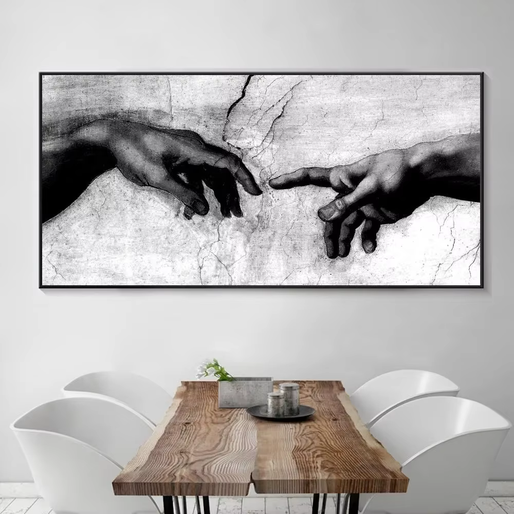 Main de dieu, création d'adam, peinture sur toile noire et blanche imprimée sur images d'art murales