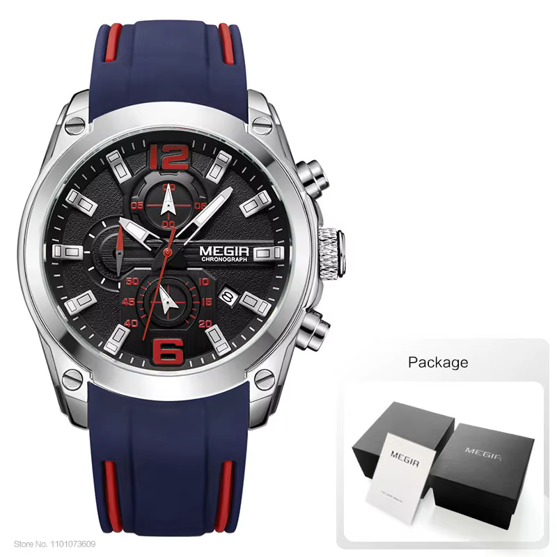 Megir montre à quartz analogique chronographe pour homme avec date, aiguilles lumineuses, bracelet e
