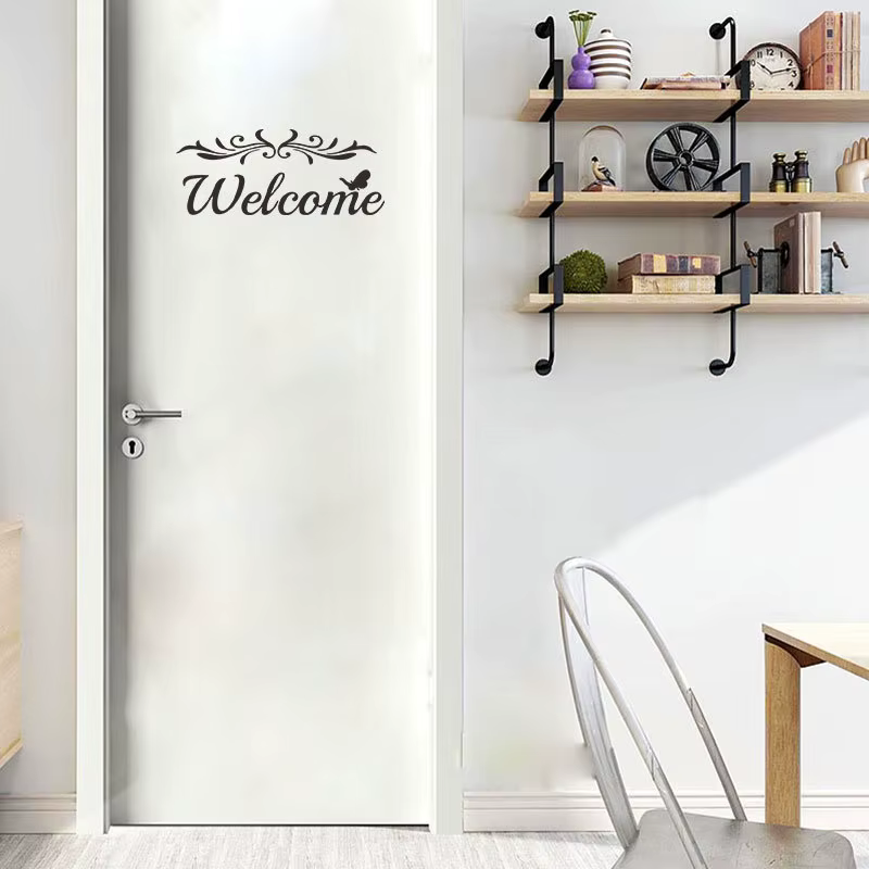 Autocollant de porte de bienvenue alphabet anglais, stickers muraux, papier peint, fleur, vigne, salon, décoration de la maison