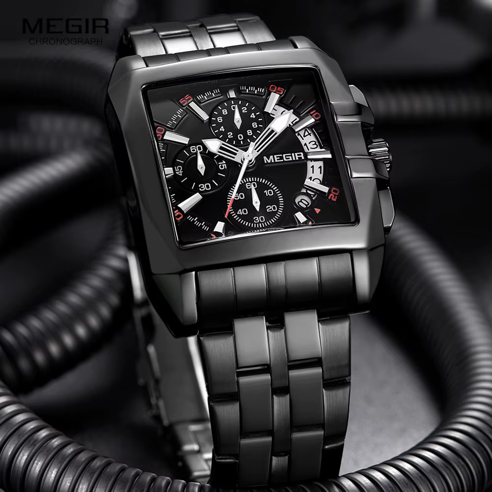 MEGIR montres noires complètes hommes montre à Quartz chronographe de luxe pour homme cadran carré montre-bracelet lumineuse Relogios Часы mужjavе Reloj