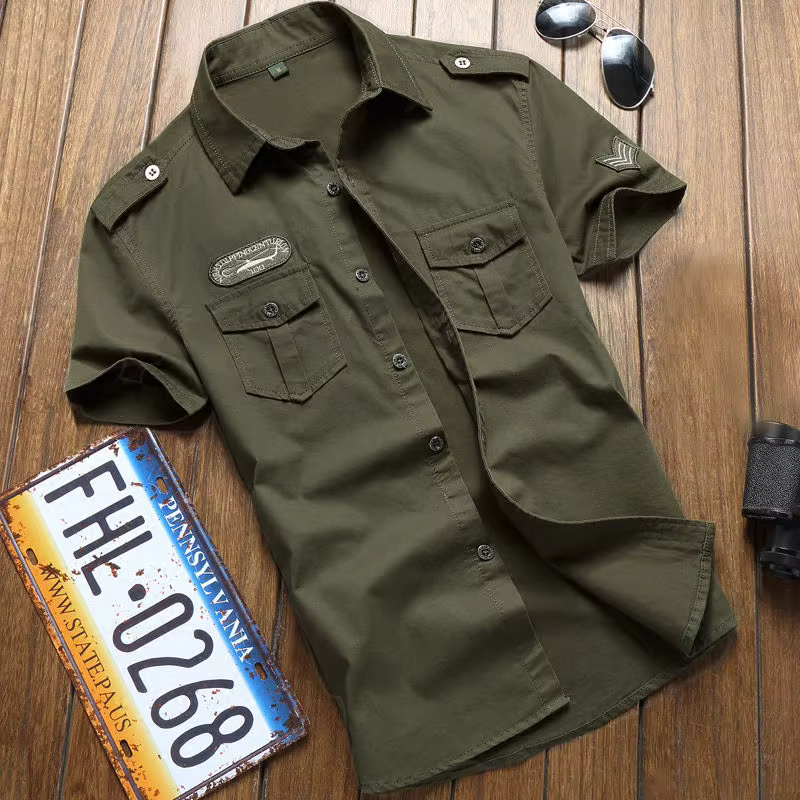 Chemise Militaire à Manches Courtes pour Homme, Vêtement d'Été, Couleur Unie, Haute Qualité, 100% Coton, Poche 5XL, Grande Taille
