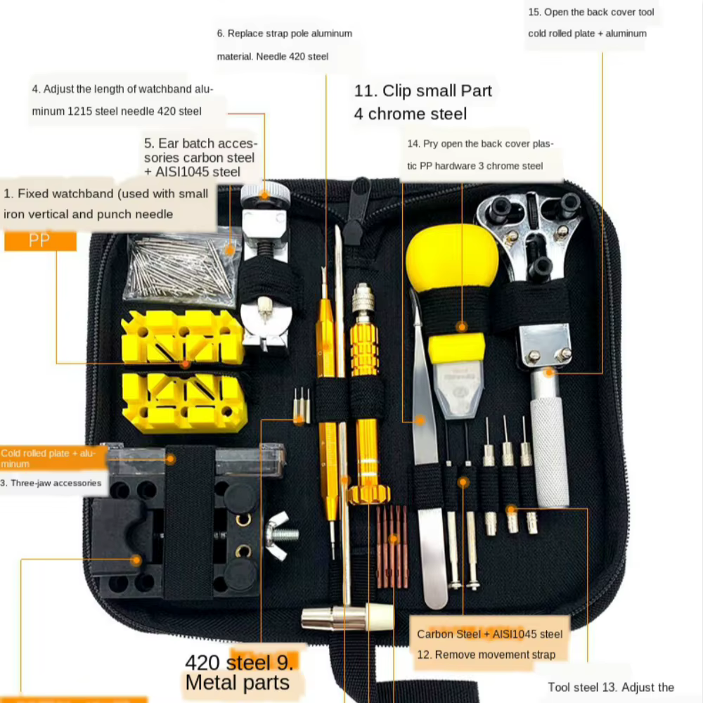 Kit d'outils de réparation de montre, dissolvant de goupilles de liaison, outils de montre professionnels, kit d'outils de réparation d'horloge, sac, 148 pièces/ensemble