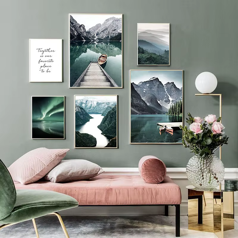 Toile de peinture de paysage de voyage scandinave, bateau de montagne, herbe, affiche nordique imprimée, tableau d'art mural, décor de salon moderne