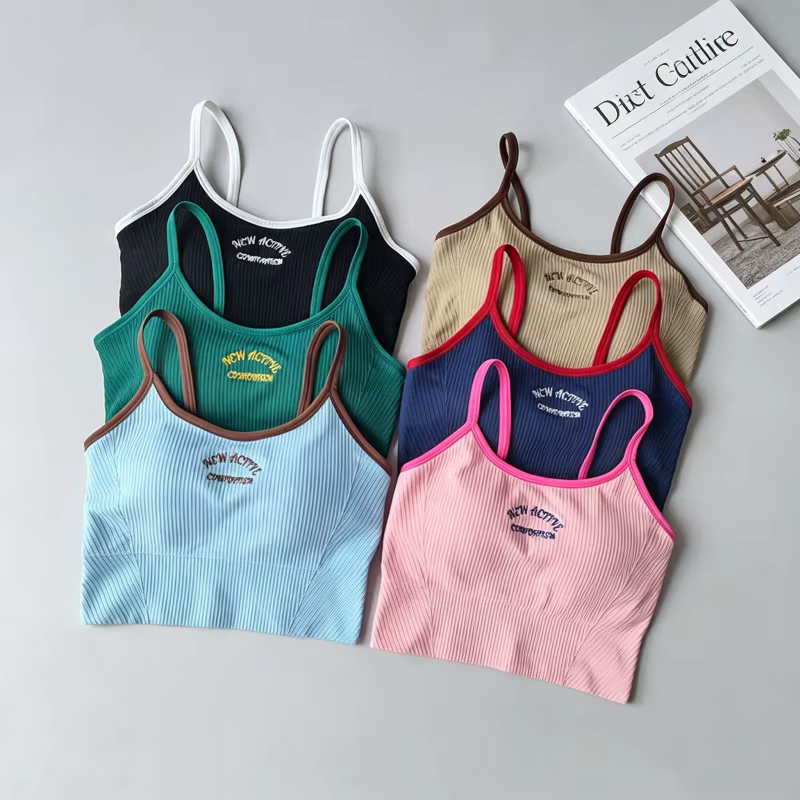 Soutien-gorge de sport côtelé colorblock pour femme, haut court de yoga brodé sans armatures avec coussinets rembourrés pour la gym et le fitness