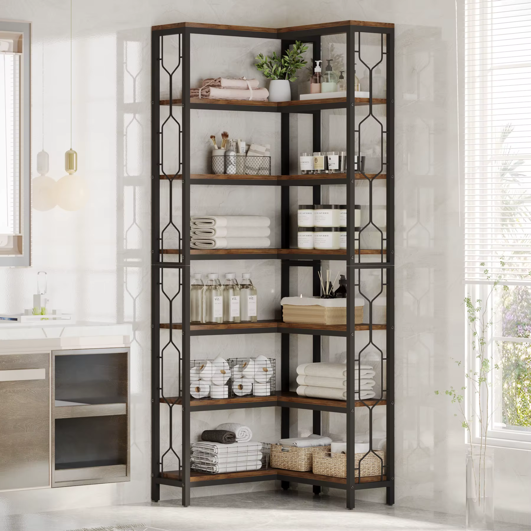 Étagère d'angle moderne, 78,74 pouces de hauteur, en bois, 7 niveaux, style industriel, étagère ouverte avec structure métallique robuste pour salon
