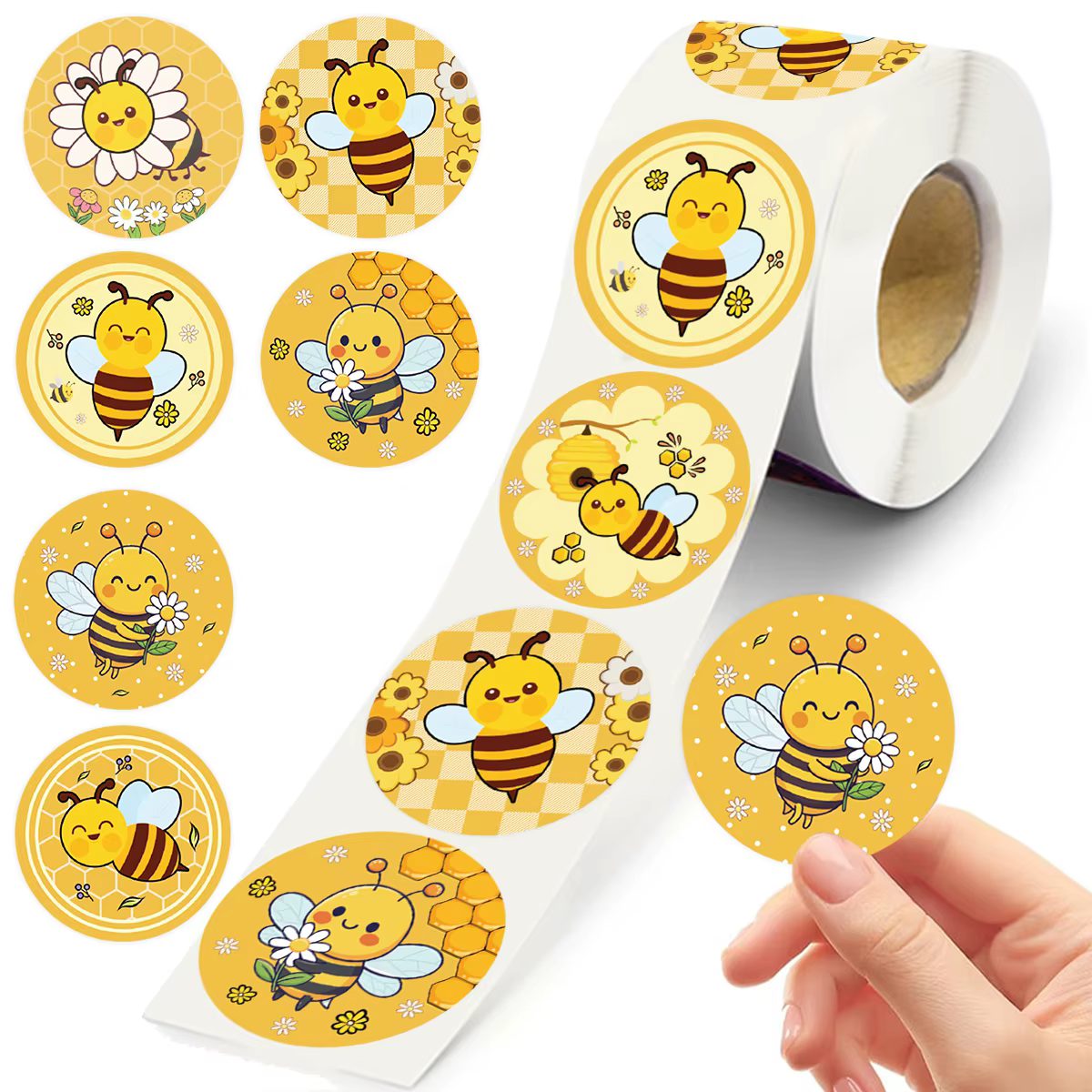 500 autocollants en rouleau Abeilles Cartoon, étiquettes récompense abeilles, autocollants imperméables en papier auto-adhésifs pour jeux éducatifs et fêtes