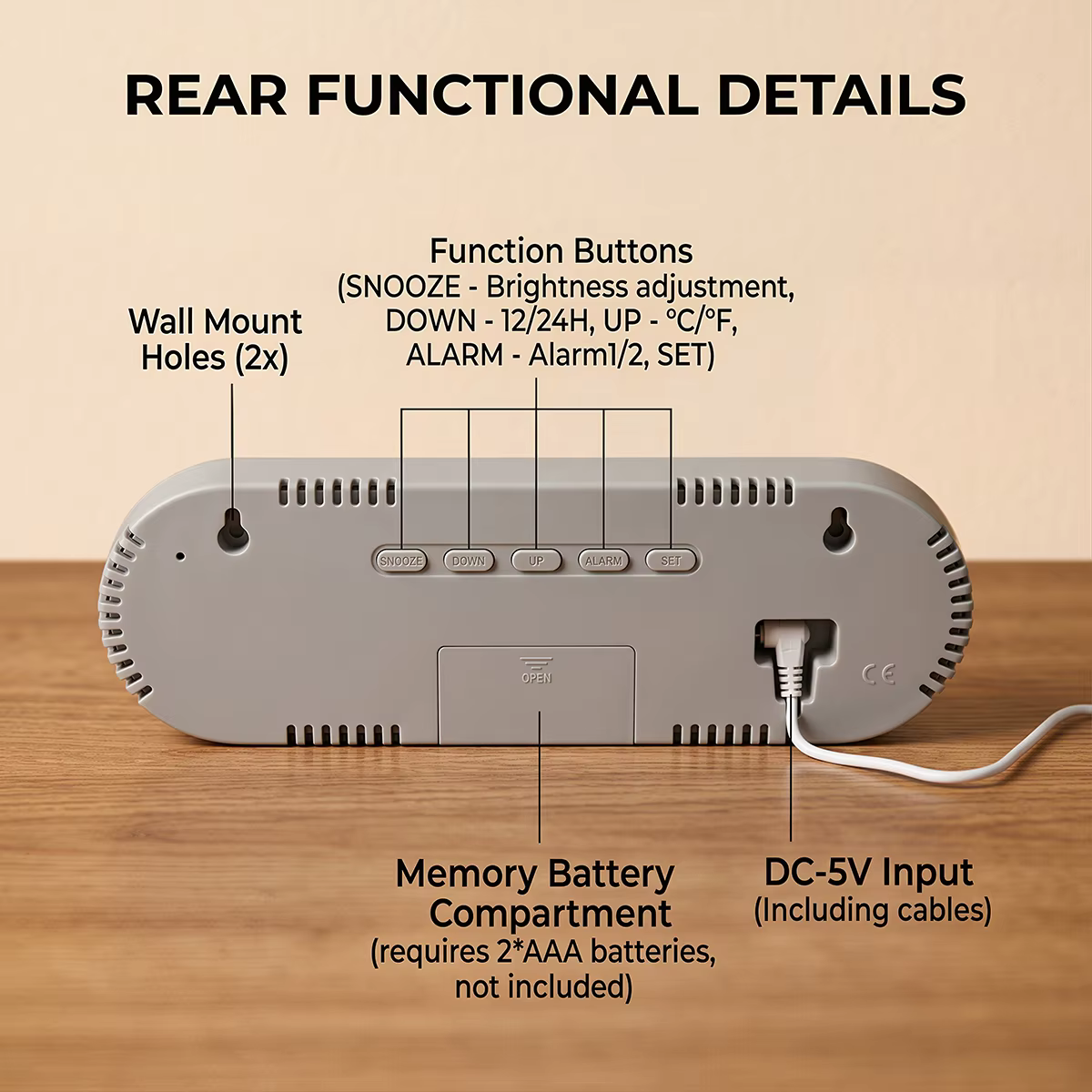 Grande horloge murale numérique avec affichage de la température, de la date et du jour de la semaine, horloge de table électronique à LED, luminosité réglable, format 12/24H