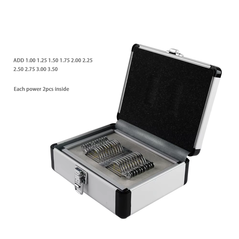 Ensemble de lentilles d'essai progressif, équipements optiques, plateau et boîtier en aluminium ophtalmique, 22 pièces