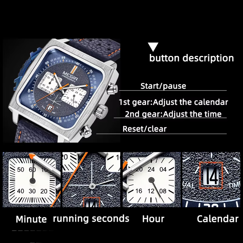MEGIR cadran carré chronographe montres à Quartz pour hommes mode bracelet en cuir bleu montre-bracelet de Sport décontractée avec Date 24 heures 2182