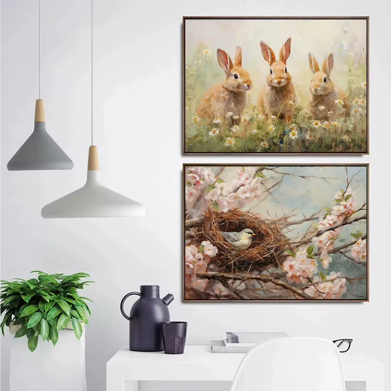 Affiche de printemps et de Pâques, champ de fleurs sauvages de printemps, famille de lapins, ville, lapin de Pâques, peinture sur toile, art mural, image, décoration de la maison