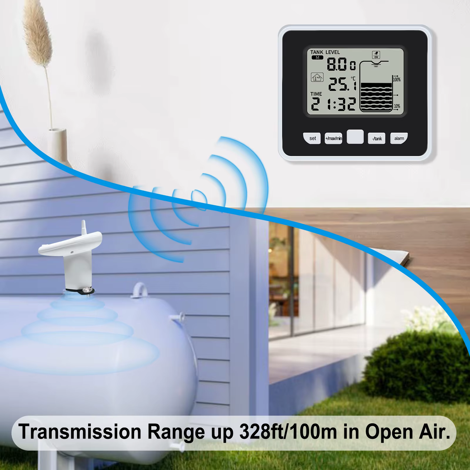 Moniteur de niveau de réservoir d'eau sans fil, Transmission à distance de 100m, alarme de température haute/basse, bande d'affichage LCD pour tours d'eau