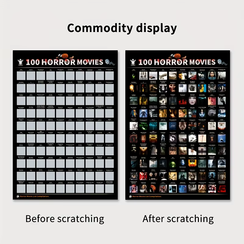 Affiche à gratter sur le thème des films d'horreur - Affiche des 100 meilleurs films d'horreur avec des films d'horreur emblématiques - Cadeau attentionné pour les fans de films d'horreur