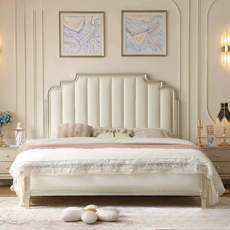 Lit King Size Blanc de Luxe en Bois, Cadre de Lit Double Moderne Européen, Chambre Princesse, Accessoires de Maison