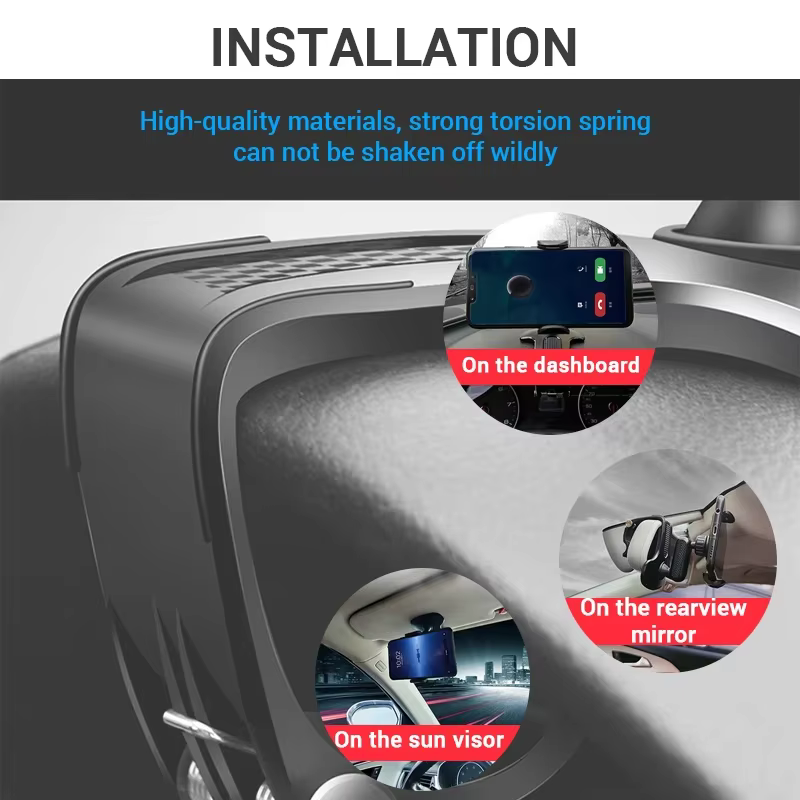 Support de téléphone pour tableau de bord de voiture, support de téléphone portable ABS pour pare-soleil, support de téléphone pour rétroviseur de voiture, rotation à 360 degrés, accessoires
